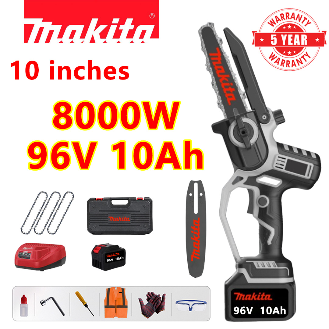 Ferăstrău electric fără perii de 10 inchi, motor din cupru pur, putere 8000 W, baterie 96 V 10 Ah*1, încărcător, placă de ghidare*1, lanț*3, cutie de scule, ulei lubrifiant și ochelari de protecție, cinci ani garanție