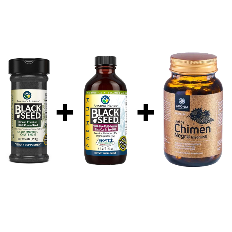 1 sticlă de ulei de chimen negru + 1 sticlă de capsule de chimen negru + 1 sticlă de pudră de chimen negru