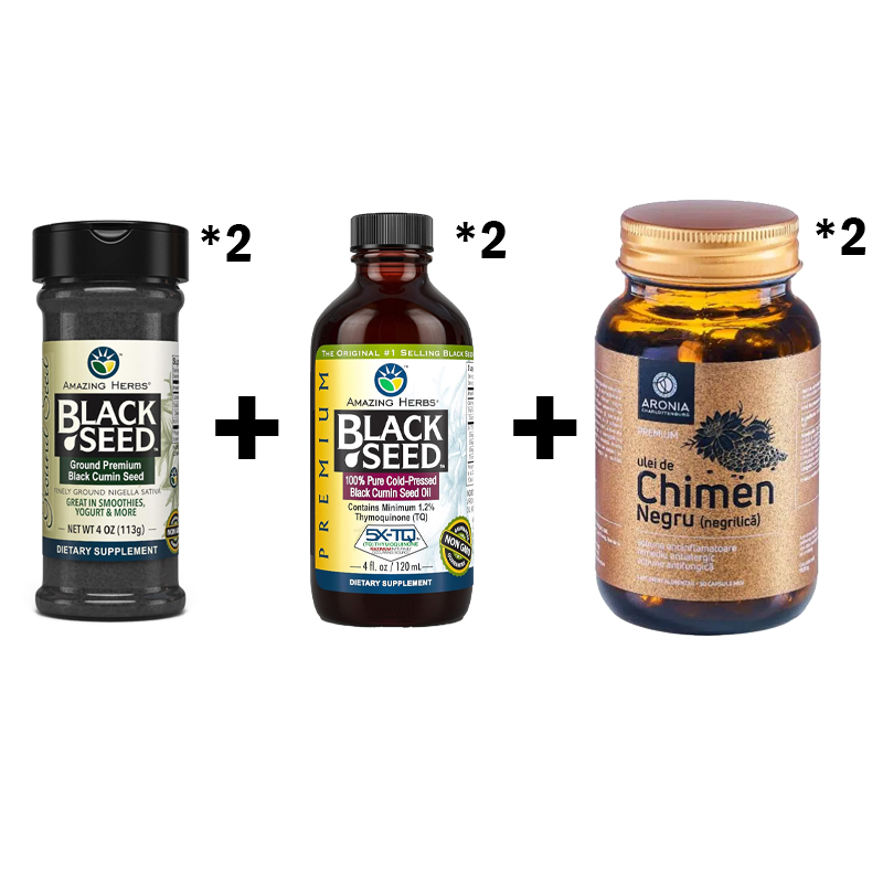 2 sticle de ulei de chimen negru + 2 sticle de capsule de chimen negru + 2 sticle de pudră de chimen negru