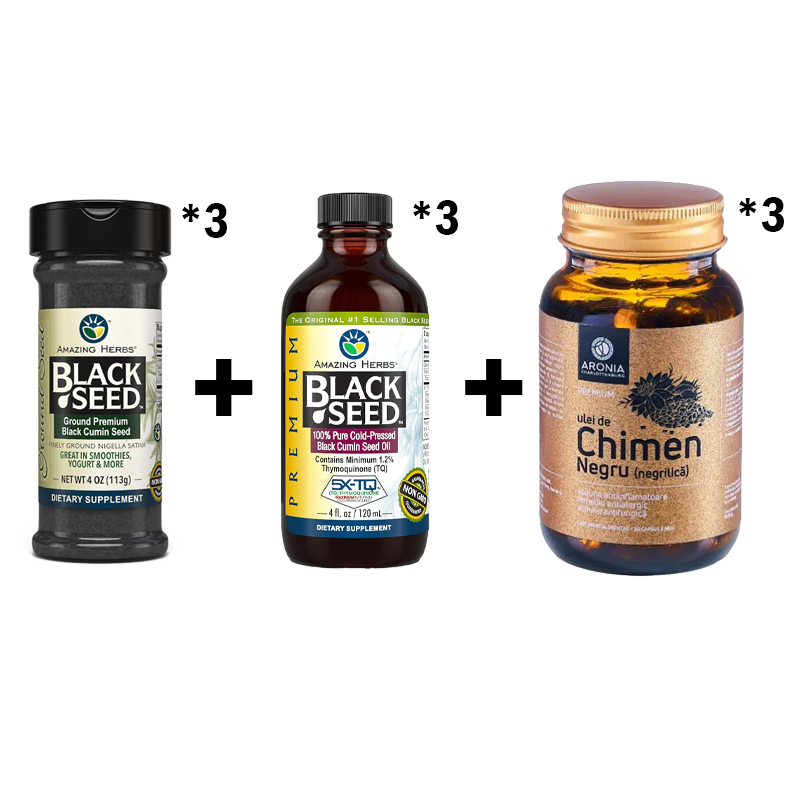 3 sticle de ulei de chimen negru + 3 sticle de capsule de chimen negru + 3 sticle de pudră de chimen negru